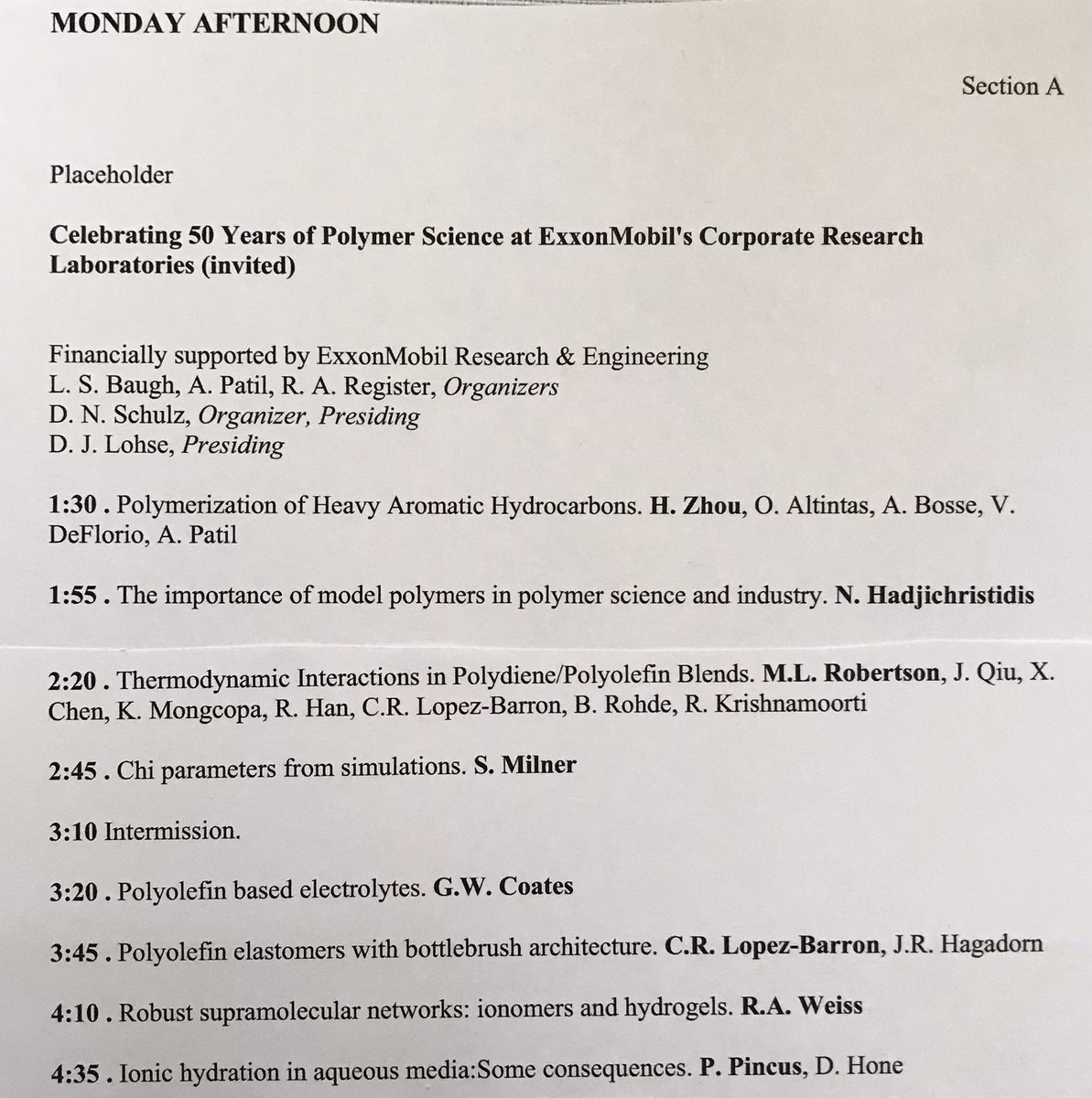 LisaSBaugh's tweet photo. PMSE History Week 10: The Spring 2020 Philly ACS meeting, scheduled for March 22-26 and meant to celebrate 100 years of polymer science, was cancelled 2 weeks prior. Among lost @acspmse programming was this symposium honoring my workplace. Next week: More on Pandemic-era PMSE. https://t.co/q7YmJWhWZY