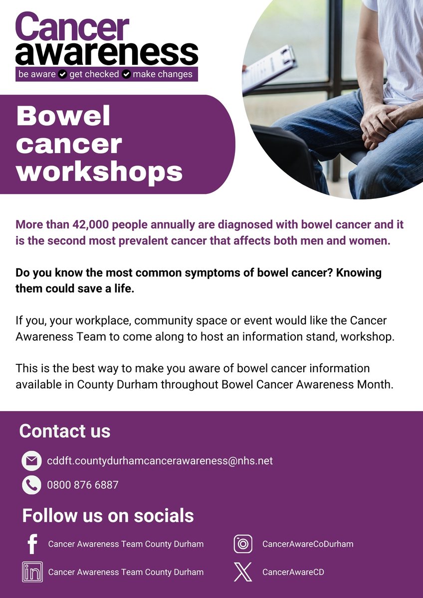 💜 Check out our latest training offer for April for #BowelCancerAwarenessMonth!

If you're a business or community group in County Durham interested in a free workshop, contact cddft.countydurhamcancerawareness@nhs.net or 0800 876 6887.