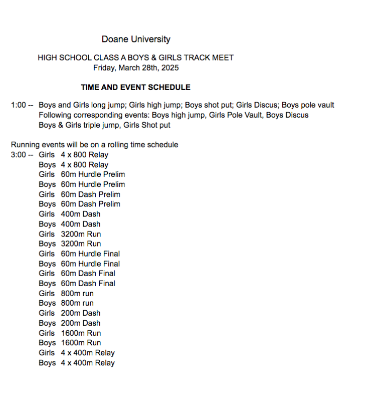 Scoop_DoaneTF's tweet photo. What do we do for an encore? How about host another meet! The track meet factory is set for the rescheduled #DoaneInviteClassAMeet2!
Field events — 10 a.m.
Running events — Noon
Live results: https://t.co/mk2zyTkpk9
Participating teams:
Ashland-Greenwood
Bellevue West
Columbus
Lincoln Christian
Lincoln Lutheran
Lincoln North Star
Millard West
Norris
Omaha Central
Papillion-La Vista South