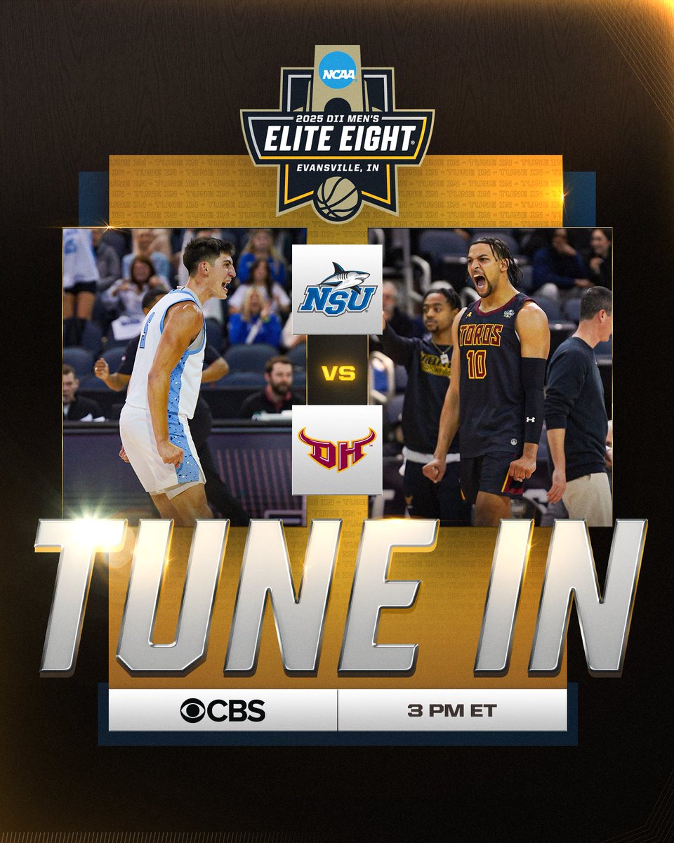 NCAA Division II (@ncaadii) on Twitter photo TODAY IS THE DAY‼️
1️⃣ <a href="/NSU_MBasketball/">NSU Men’s Basketball</a> 🆚 7️⃣ <a href="/CSUDHmbb/">CSUDH Men’s Hoops</a>
⏰ 3 PM ET
📍 Evansville, IN
🏟️ Ford Center
📺 CBS
📊 on.ncaa.com/25D2MBBchamp
🏀 on.ncaa.com/25D2MBBsp
#D2MBB TODAY IS THE DAY‼️
1️⃣ <a href="/NSU_MBasketball/">NSU Men’s Basketball</a> 🆚 7️⃣ <a href="/CSUDHmbb/">CSUDH Men’s Hoops</a>
⏰ 3 PM ET
📍 Evansville, IN
🏟️ Ford Center
📺 CBS
📊 on.ncaa.com/25D2MBBchamp
🏀 on.ncaa.com/25D2MBBsp
#D2MBB