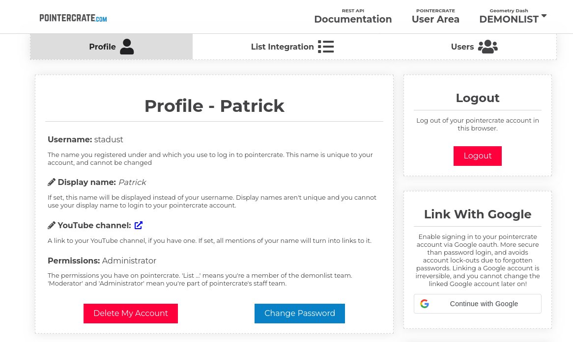 stadust1971's tweet image. Today&apos;s (2025/03/29) pointercrate update includes:
- Sign in With Google (@emonadeo, github.com/peonii, @stadust1971)! 

Link a Google Account to your Pointercrate Account by clicking &quot;Continue with Google&quot;, and then log in via Google OAuth on the login page!