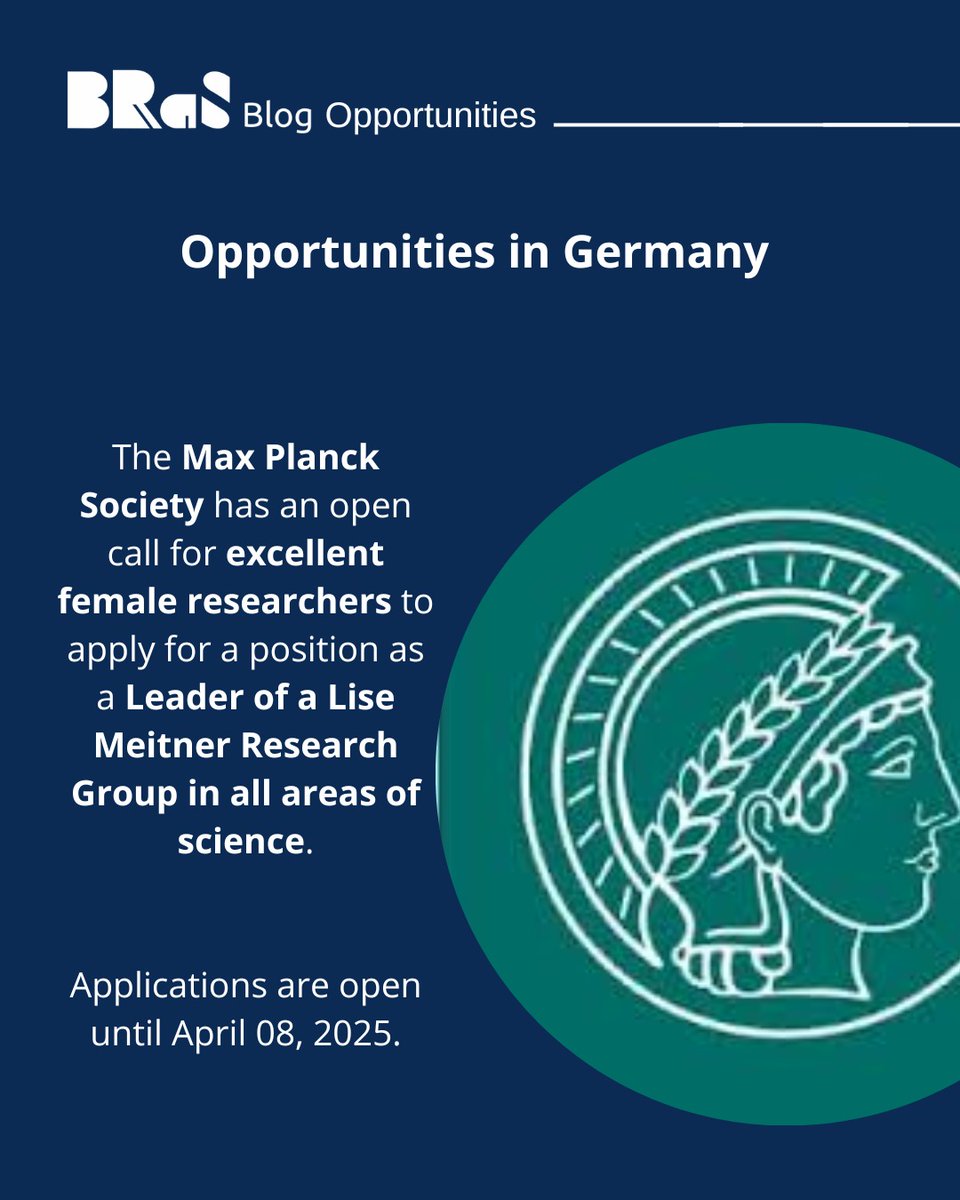 BRaS_Studies's tweet photo. The Max Planck Society has an open call for excellent female researchers to apply for a position as a Leader of a Lise Meitner Research Group in all areas of science. 
Applications are open until April 08, 2025. 
More information at: https://t.co/VpsRSfXi7D https://t.co/qbH4zYam05
