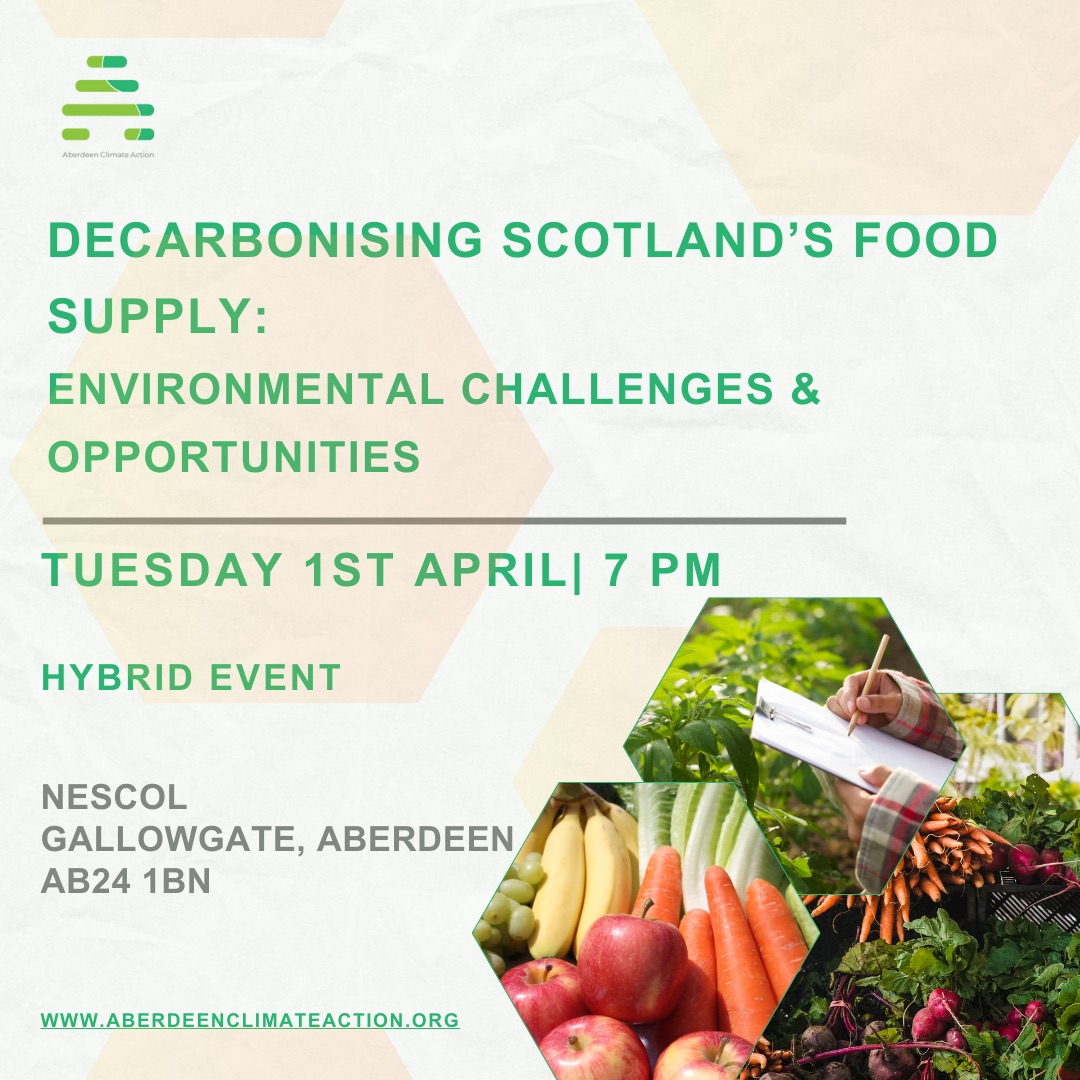 Next Climate Café!
Decarbonising Scotland's Food Supply: Environmental Challenges and Opportunities

Date: Tuesday, April 1, 2025
Time: 7:00 PM (doors open at 6:30 PM)
Venue: NESCol City Campus, Gallowgate, AB25 1BN

Free tickets, link below
ticketsource.co.uk/.../2025.../d-…