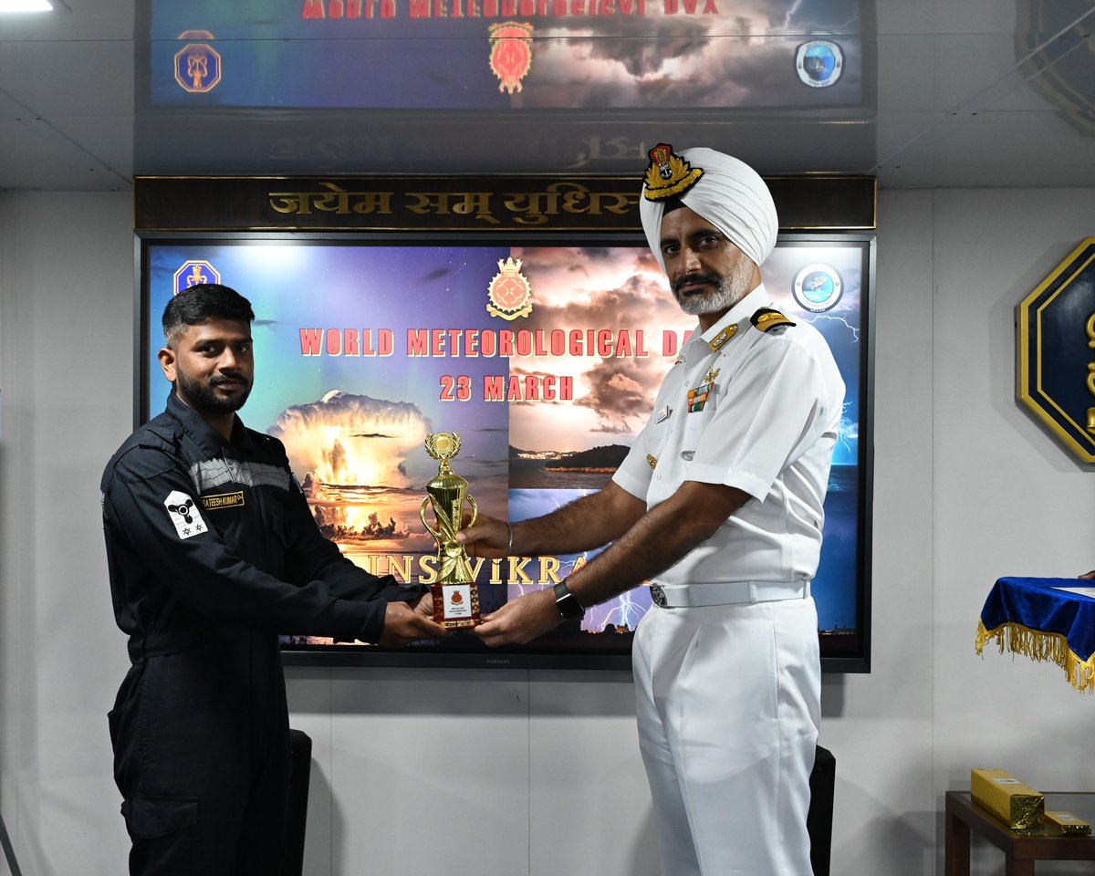 IN_R11Vikrant's tweet image. Embracing the theme &quot;Closing the Early Warning Gap Together,&quot; INS Vikrant organized an awareness lecture, essay, and poster making competitions for the crew and families. The event reinforced the importance of timely weather alerts in safeguarding lives and assets at sea