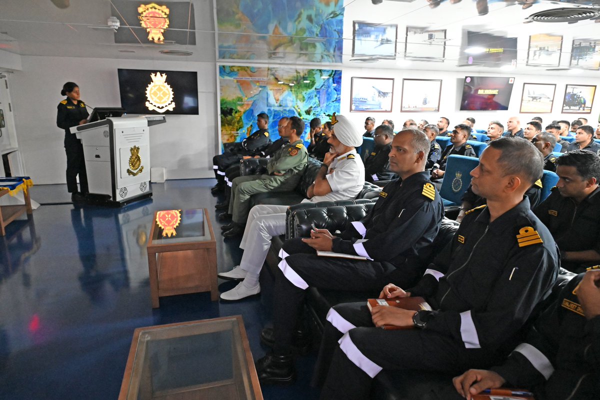 IN_R11Vikrant's tweet image. Embracing the theme &quot;Closing the Early Warning Gap Together,&quot; INS Vikrant organized an awareness lecture, essay, and poster making competitions for the crew and families. The event reinforced the importance of timely weather alerts in safeguarding lives and assets at sea