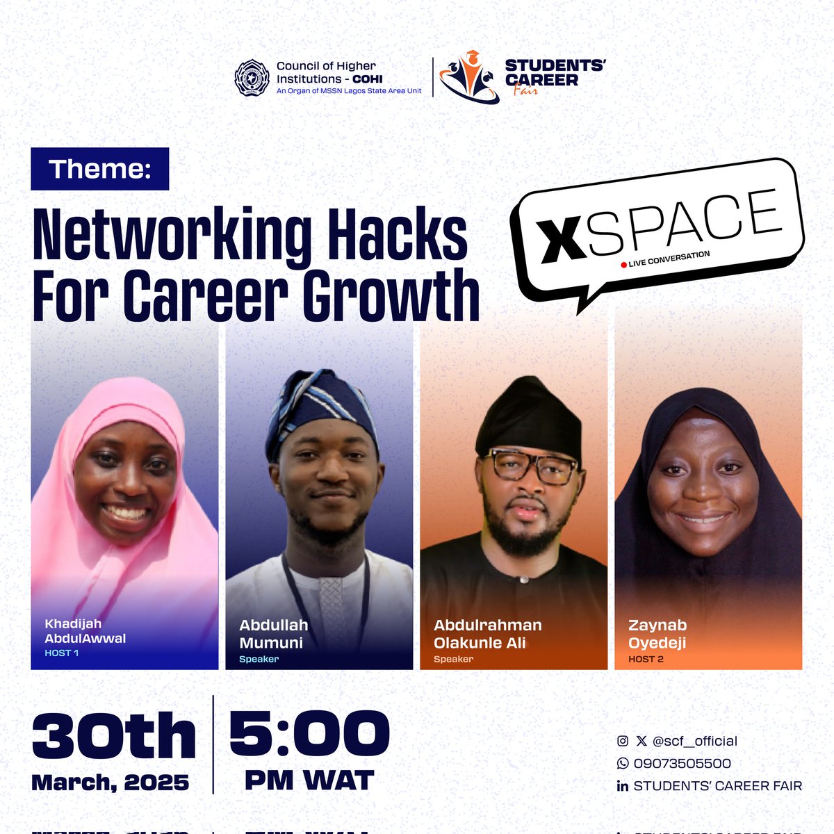scf__official's tweet photo. You thought we were done? 🫣

We're just getting started and we've something enlightening for you to get a glimpse of our #big5. 😌

Join us tomorrow by 5PM: https://t.co/tBFzTGYhRx with @Abdullah_in_PM &amp; @ARahmanOlakunle on the topic, Networking Hacks For YOUR Career Growth. 🤩 https://t.co/W4V1VVfZ0Q