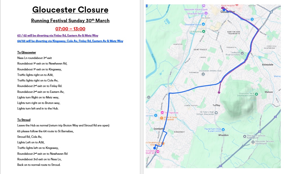 #Stroud
62/63/64/65 diversion for Sunday 30th