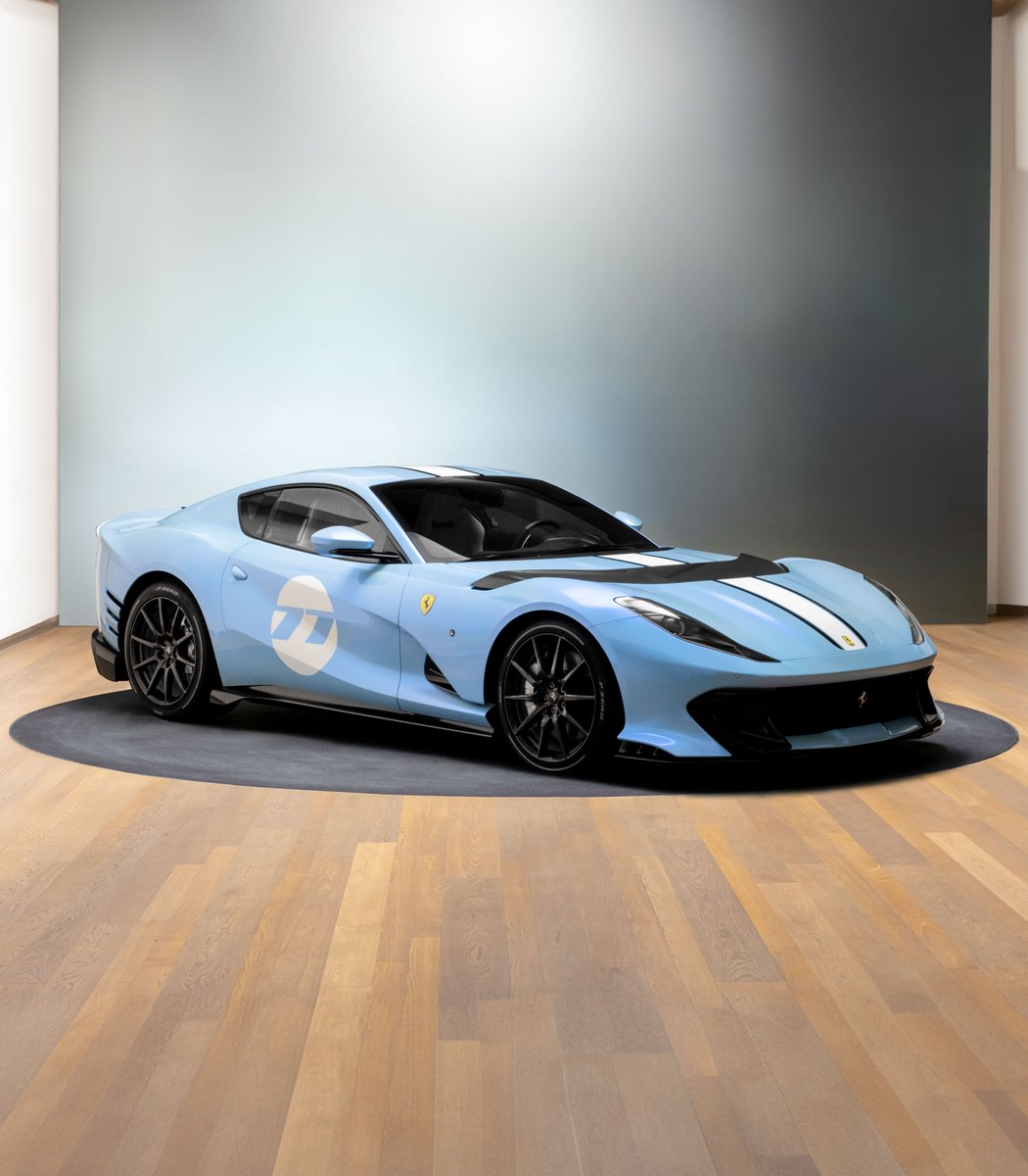 Ferrari's tweet photo. With its Bianco Azzurrato paintwork, Bianco King livery stripe, and heritage-inspired racing roundels, power and elegance reach new heights in this #FerrariTailorMade #Ferrari812Competizione.

#Ferrari https://t.co/bXWA5aSp7l