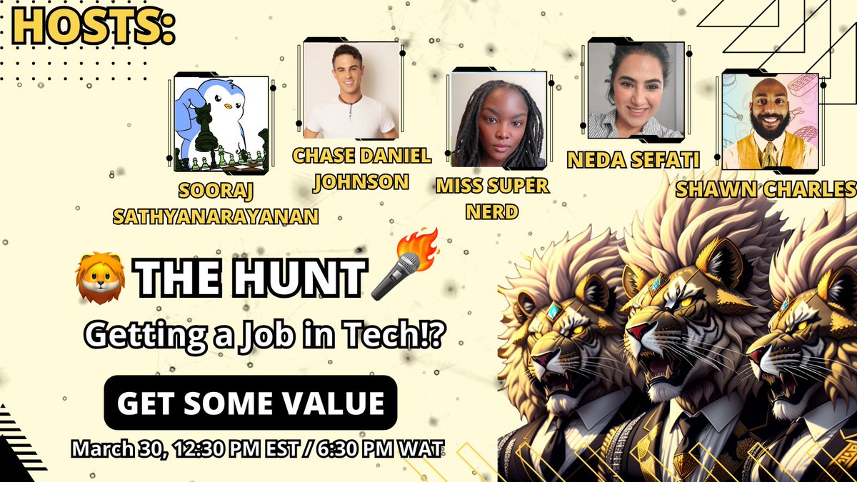 Neda Sefati (@neda_sefati) on Twitter photo 🦁THE HUNT🎤🔥Getting a Job in Tech⁉️GrabTheMic🎤🔥
<a href="/ShawnBasquiat/">Shawn Charles🎤🔥</a>, <a href="/MissSuperNerd/">🟣Miss SuperNerd (aka TechBadu) indefinite hiatus</a> (Yolanda), <a href="/ChaseCyberSafe/">Chase Daniel Johnson</a> (Chase), <a href="/iAnonymous3000/">Sooraj Sathyanarayanan</a> (Sooraj), and <a href="/neda_sefati/">Neda Sefati 🪶</a> are hosting <a href="/TheHuntSpaces/">The Hunt🎤🔥</a> !
📅 Sunday, March 30th, 2025
🕤 9:30 am PST / 12:30 pm EST / 6:30 pm WAT 🦁THE HUNT🎤🔥Getting a Job in Tech⁉️GrabTheMic🎤🔥
<a href="/ShawnBasquiat/">Shawn Charles🎤🔥</a>, <a href="/MissSuperNerd/">🟣Miss SuperNerd (aka TechBadu) indefinite hiatus</a> (Yolanda), <a href="/ChaseCyberSafe/">Chase Daniel Johnson</a> (Chase), <a href="/iAnonymous3000/">Sooraj Sathyanarayanan</a> (Sooraj), and <a href="/neda_sefati/">Neda Sefati 🪶</a> are hosting <a href="/TheHuntSpaces/">The Hunt🎤🔥</a> !
📅 Sunday, March 30th, 2025
🕤 9:30 am PST / 12:30 pm EST / 6:30 pm WAT