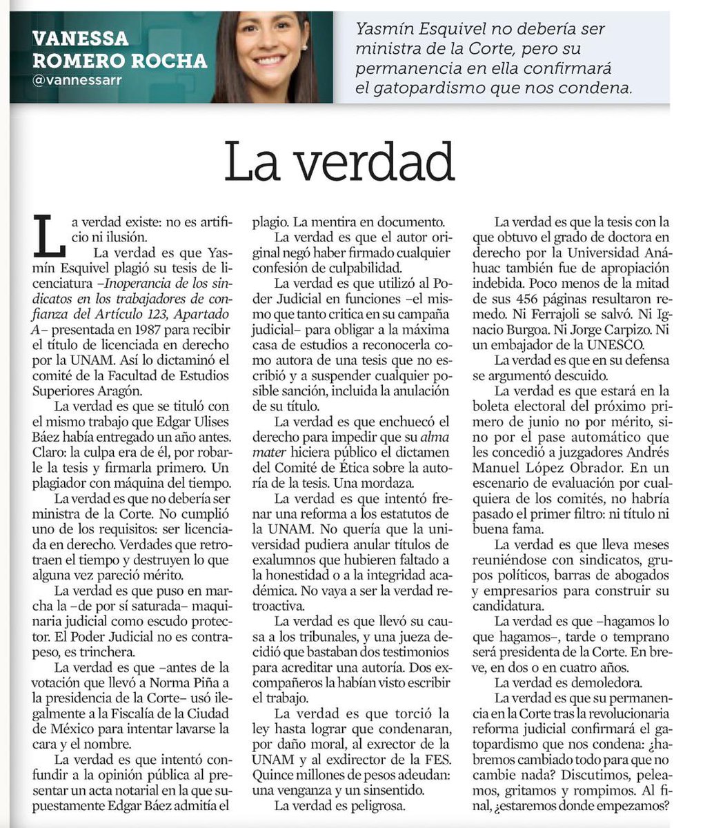 Arturo Ángel (@arturoangel20) on Twitter photo OJO a este texto de <a href="/vannessarr/">Vanessa Romero Rocha</a>.
Advierte que de haber sido sometida a evaluación <a href="/YasminEsquivel_/">Yasmín Esquivel Mossa</a> no habría pasado el filtro de ninguno de los comités de evaluación.
Vanessa, que formó parte del comité del ejecutivo, dice que Esquivel NO debería ser ministra.
Dice que no se OJO a este texto de <a href="/vannessarr/">Vanessa Romero Rocha</a>.
Advierte que de haber sido sometida a evaluación <a href="/YasminEsquivel_/">Yasmín Esquivel Mossa</a> no habría pasado el filtro de ninguno de los comités de evaluación.
Vanessa, que formó parte del comité del ejecutivo, dice que Esquivel NO debería ser ministra.
Dice que no se