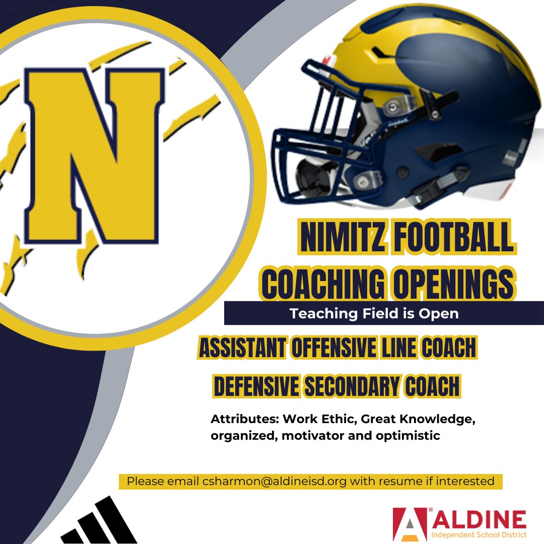 Aldine Nimitz Football (@nimitzcoogsfb) on Twitter photo Nimitz Football is looking to add two new members to our staff! Email Campus Coordinator with your resume!(csharmon@aldineisd.org) <a href="/Coach_Harmon/">Cornelius Harmon, M.Ed</a> Nimitz Football is looking to add two new members to our staff! Email Campus Coordinator with your resume!(csharmon@aldineisd.org) <a href="/Coach_Harmon/">Cornelius Harmon, M.Ed</a>