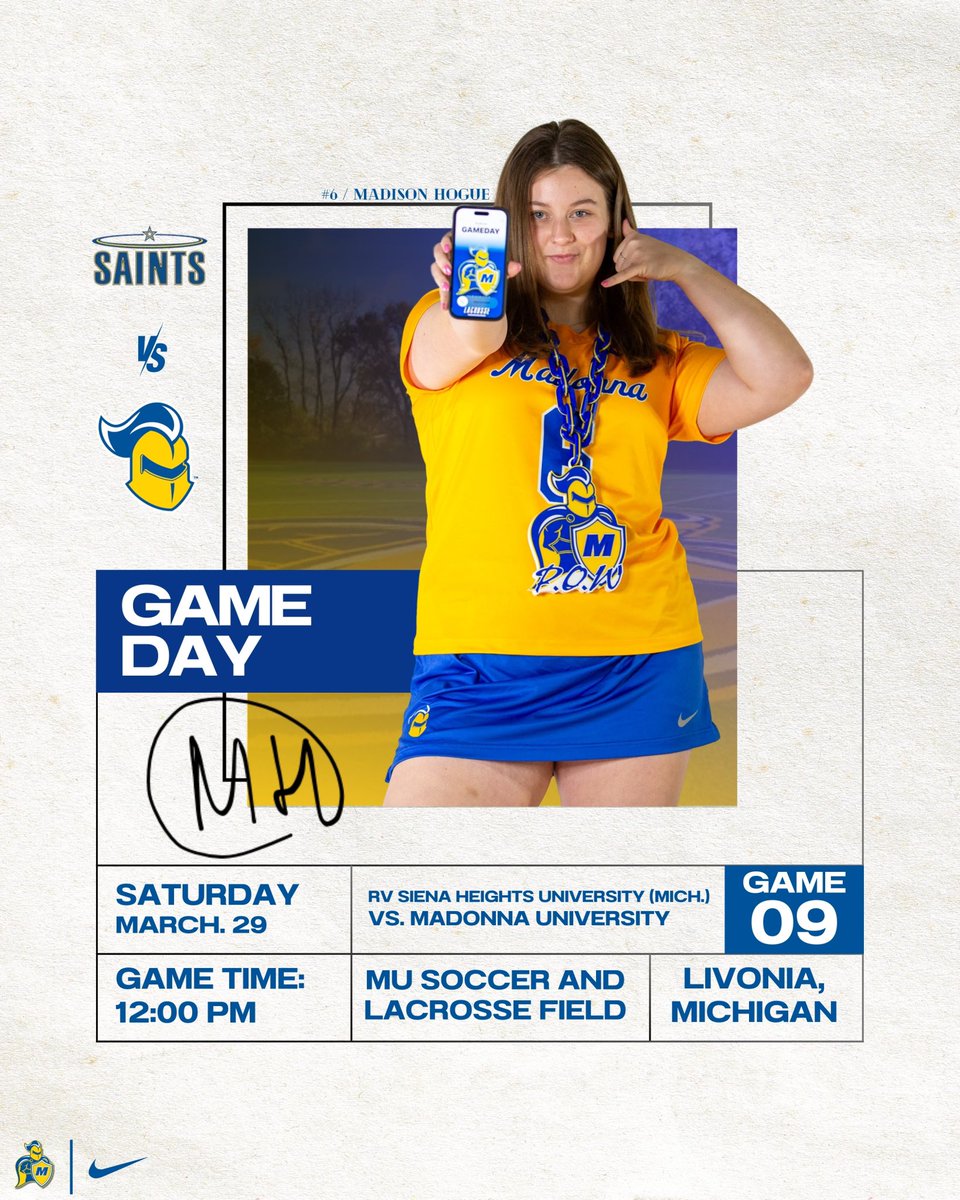 GAMEDAY!⚔️

🆚: RV Siena Heights University
📍: Livonia, Michigan
🏟️: MU Soccer and Lacrosse Field
🕐: 12:00 PM
📺: shorturl.at/W3xCt
📊: shorturl.at/tN5b6

#crusadernation