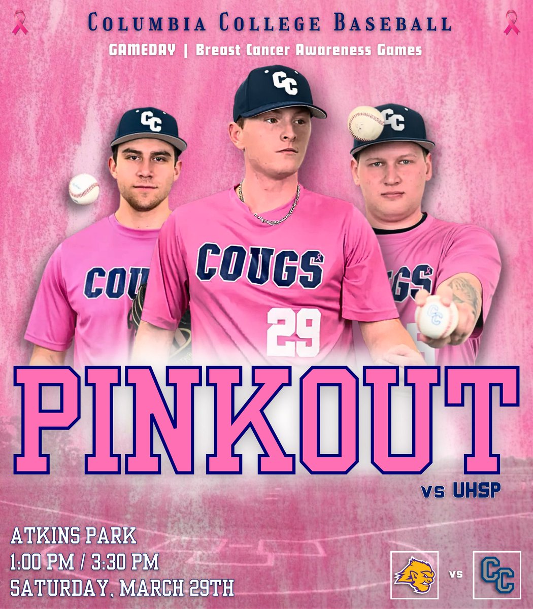 Columbia College Baseball (@cougpen) on Twitter photo GAMEDAY!
WEAR PINK! Cougs look to win the series against UHSP in the annual COUGS For A Cause game! #standuptobreastcancer🎀 #rollcougs GAMEDAY!
WEAR PINK! Cougs look to win the series against UHSP in the annual COUGS For A Cause game! #standuptobreastcancer🎀 #rollcougs
