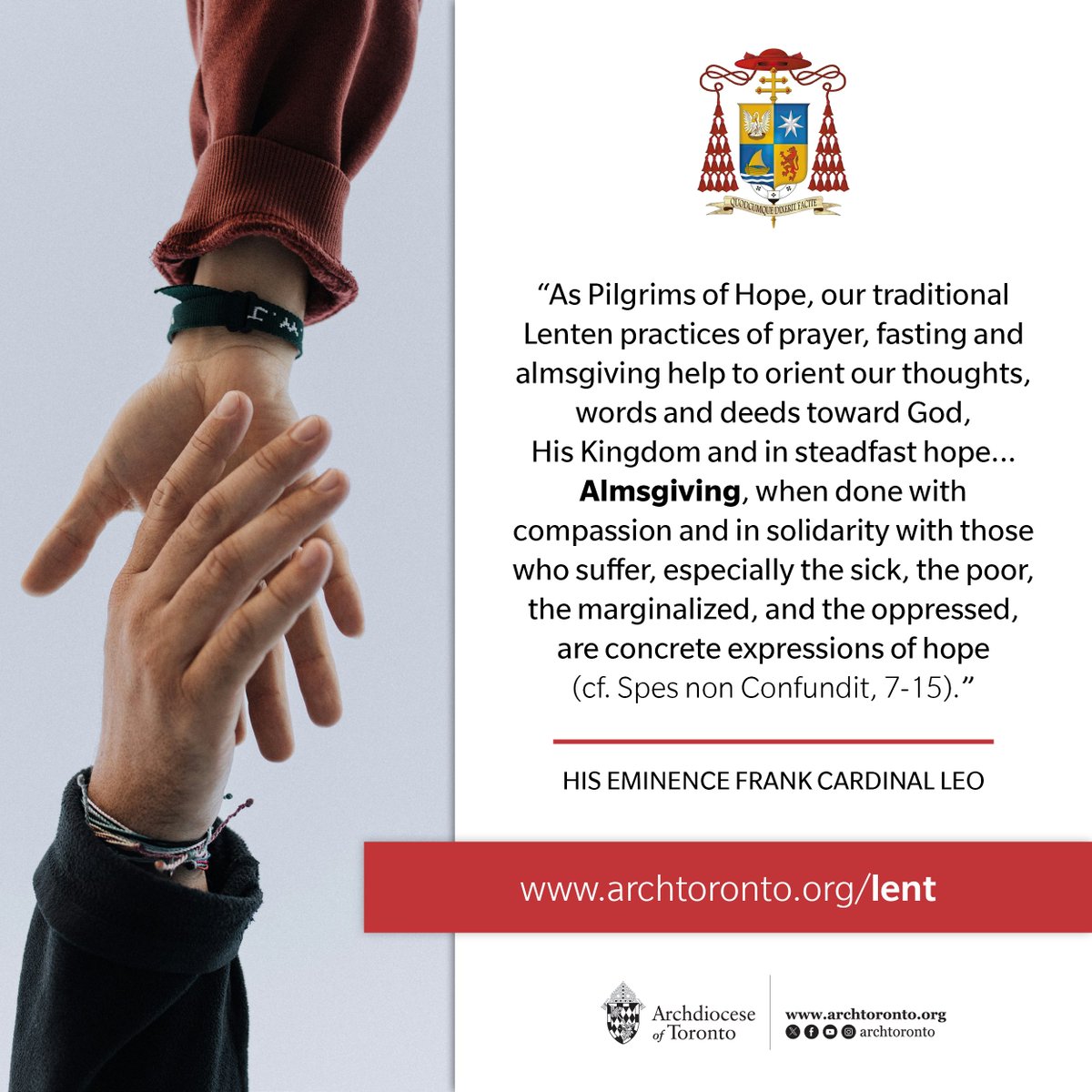 "#Almsgiving, when done with compassion and in solidarity with those who suffer, especially the sick, the poor, the marginalized, and the oppressed, are concrete expressions of hope." archtoronto.org/lent #catholicTO