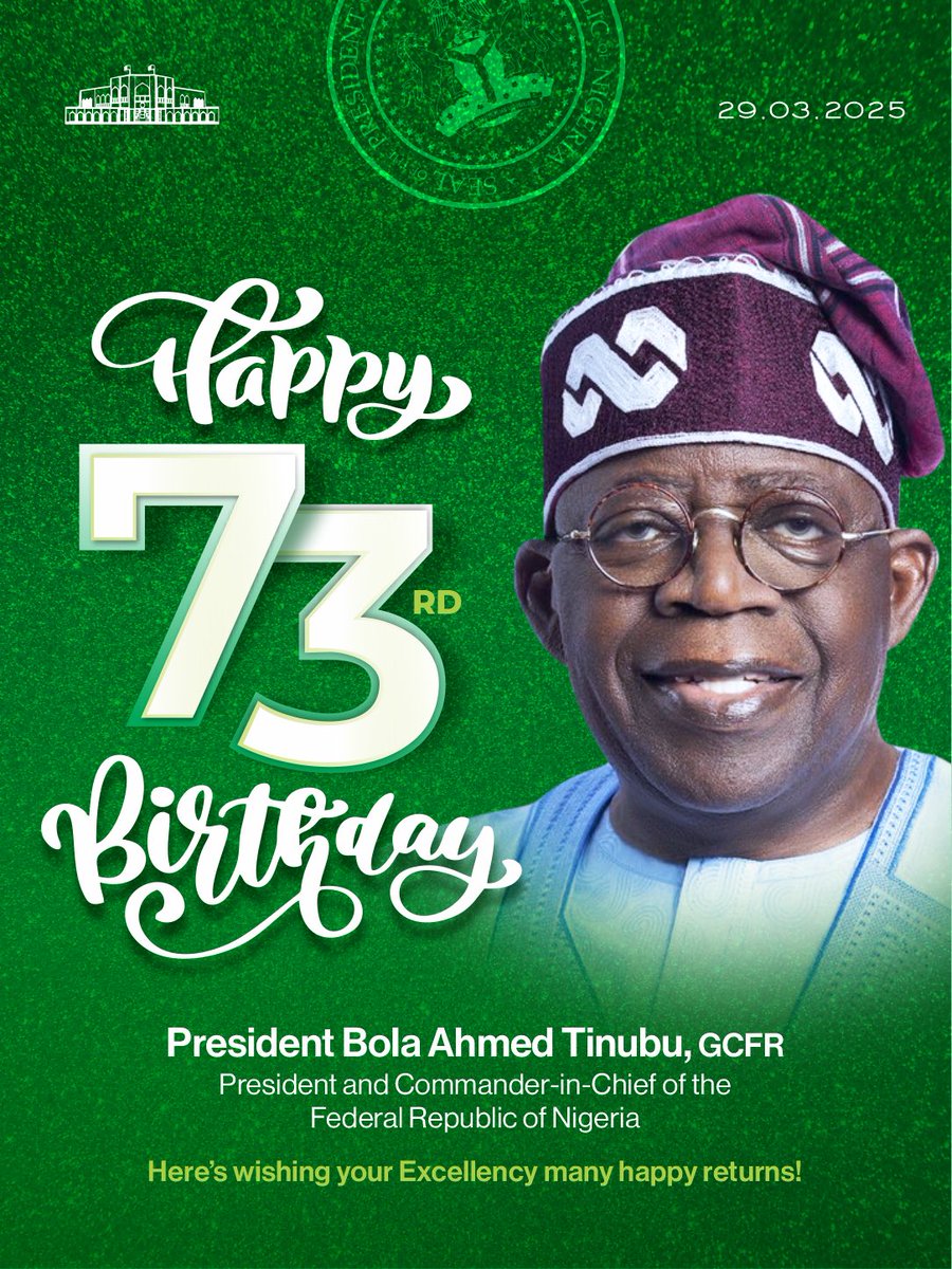 Presidency Nigeria (@ngrpresident) on Twitter photo Happy 73rd Birthday President Bola Ahmed Tinubu, GCFR
Hereās wishing your Excellency many happy returns!
<a href="/officialABAT/">Bola Ahmed Tinubu</a> Happy 73rd Birthday President Bola Ahmed Tinubu, GCFR
Hereās wishing your Excellency many happy returns!
<a href="/officialABAT/">Bola Ahmed Tinubu</a>
