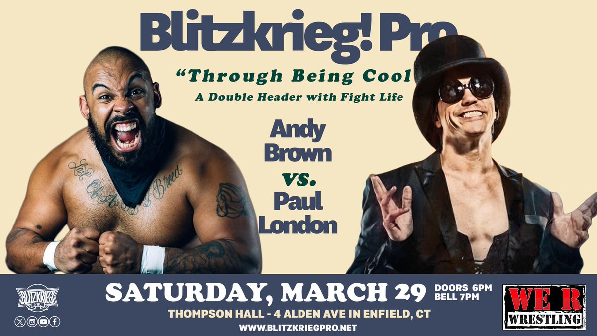 Blitzkrieg_Pro's tweet image. 🚨TONIGHT🚨

“Through Being Cool” in Enfield, CT
6:15 Doors / 7:00 Bell

- Sammy Diaz vs CPA
- Andy Brown vs Paul London
- Straus vs Vox vs Drago vs Robles vs ChaCha
- Orlando vs Mooney 

&amp;amp; more!

Double header w/ @FightLifePW 

🎟 at the door!
📺: IWTV.live