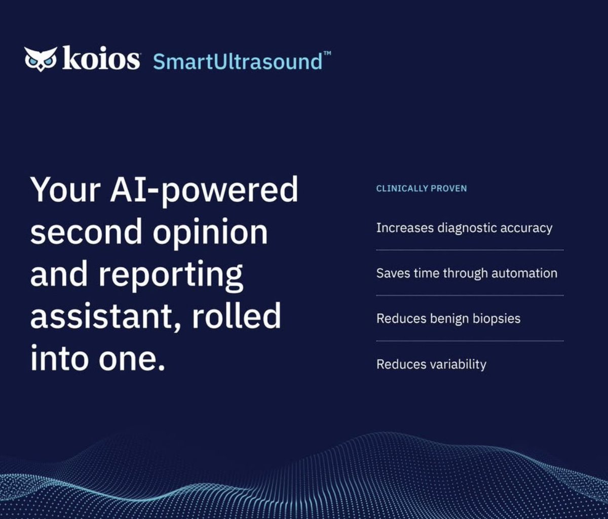 Koios Medical (@koiosmed) on Twitter photo Cancer diagnosis with ultrasound requires great vision. Koios software uses artificial intelligence and machine learning to provide clinical decision support (“DS”) for physicians and technologists.
We call it #SmartUltrasound.
Email us at info@koiosmedical.com to learn more. Cancer diagnosis with ultrasound requires great vision. Koios software uses artificial intelligence and machine learning to provide clinical decision support (“DS”) for physicians and technologists.
We call it #SmartUltrasound.
Email us at info@koiosmedical.com to learn more.