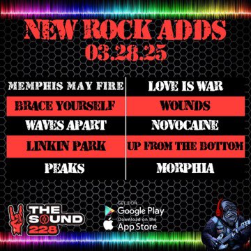 The Sound (@thesound228) on Twitter photo New rock adds!
<a href="/MemphisMayFire/">Memphis May Fire</a> - “Love is War”
<a href="/BraceYourselfAZ/">Brace Yourself</a> - “Wounds”
<a href="/WeAreWavesApart/">Waves Apart</a> - “Novocaine”
<a href="/linkinpark/">LINKIN PARK</a> - “Up From the Bottom”
@yeswearepeaks - “Morphia”
Get your requests in! Download the app or listen on the web, linktr.ee/thesound228
#thesound228 #newmusic New rock adds!
<a href="/MemphisMayFire/">Memphis May Fire</a> - “Love is War”
<a href="/BraceYourselfAZ/">Brace Yourself</a> - “Wounds”
<a href="/WeAreWavesApart/">Waves Apart</a> - “Novocaine”
<a href="/linkinpark/">LINKIN PARK</a> - “Up From the Bottom”
@yeswearepeaks - “Morphia”
Get your requests in! Download the app or listen on the web, linktr.ee/thesound228
#thesound228 #newmusic