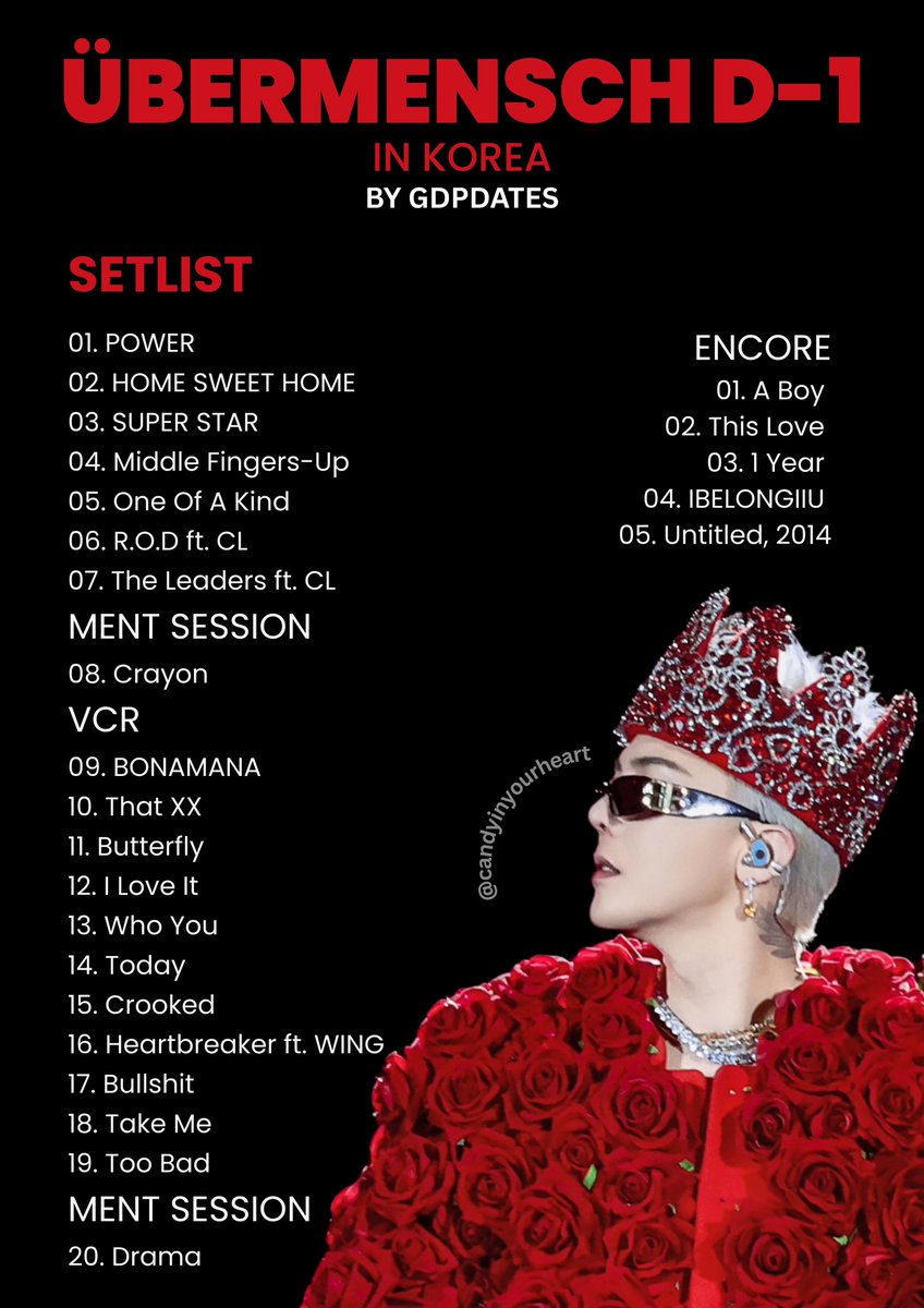 ÜBERMENSCH D-1 IN KOREA SETLIST

Übermensch in Korea Day 1
#GDWORLDTOURÜbermensch
#GDRAGON #지드래곤 #GDRAGON2025