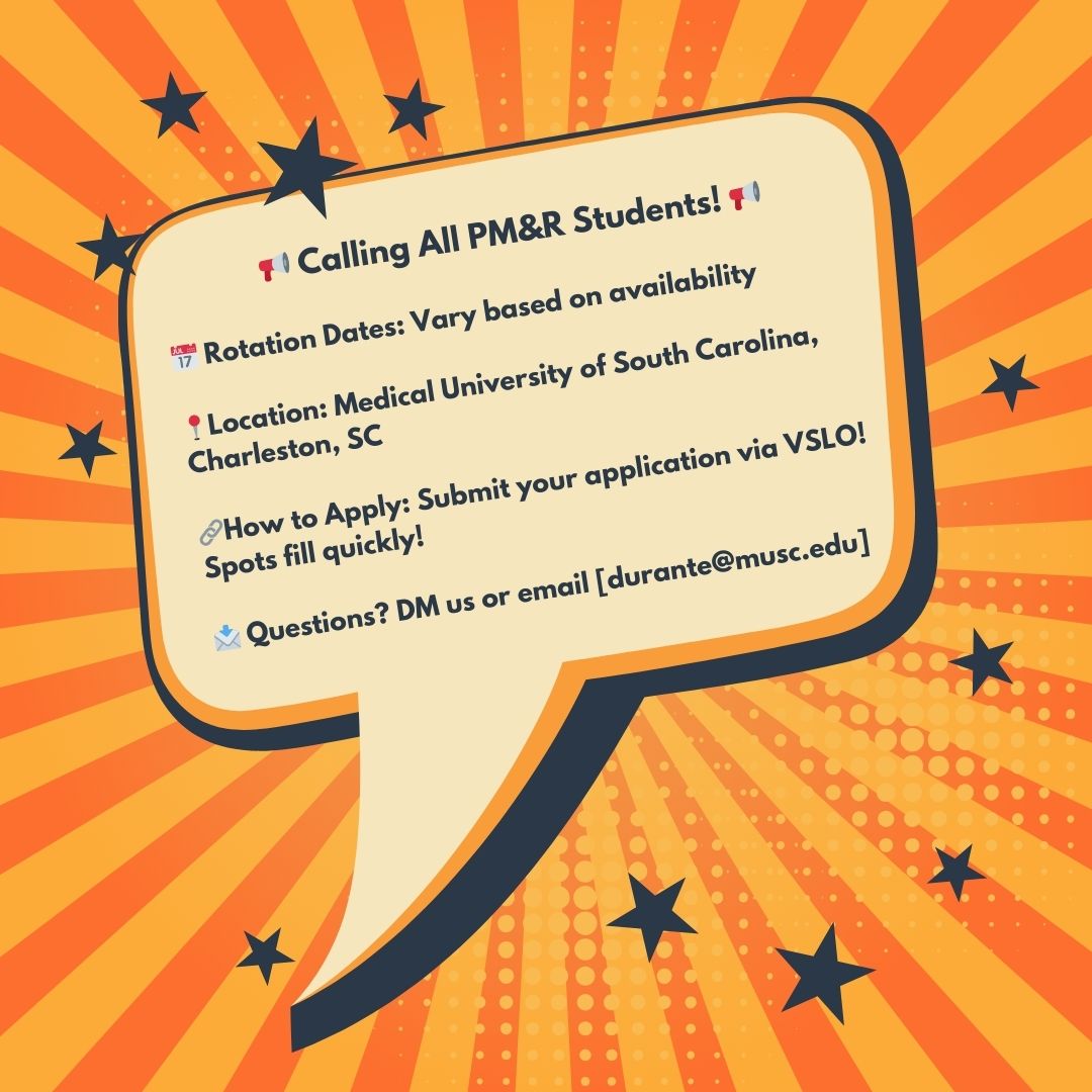 The MUSC Visiting Student Learning Opportunities (VSLO) application opens on April 1st!  

📅 Mark your calendars &amp; apply early! 

For more info, visit VSLO or DM us. See you at MUSC! 💙 

#MUSC #VSLO #MedicalStudents #FutureDoctors #PMR #AwayRotation #CharlestonSC