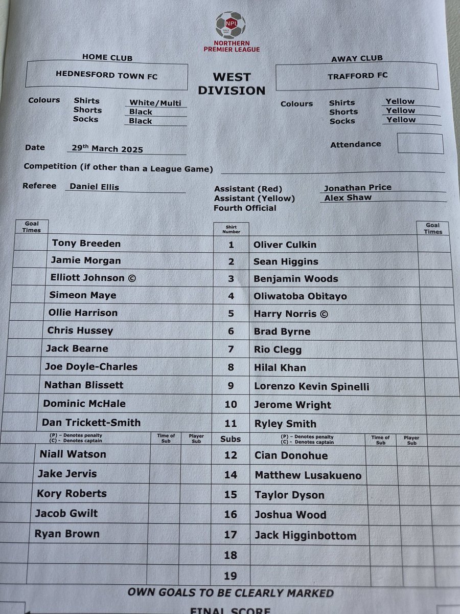 Trafford FC (@fctrafford) on Twitter photo HOT OFF THE PRESS . Today's line ups for our game at <a href="/Hednesford_Town/">Hednesford Town FC</a> in the <a href="/NorthernPremLge/">The Pitching In Northern Premier League</a> West Division. HOT OFF THE PRESS . Today's line ups for our game at <a href="/Hednesford_Town/">Hednesford Town FC</a> in the <a href="/NorthernPremLge/">The Pitching In Northern Premier League</a> West Division.