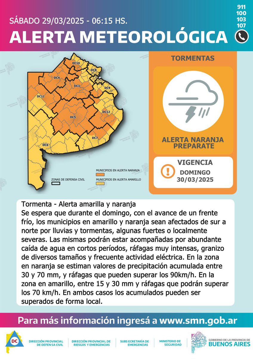 ⚠️ Atención | 🟠 Alerta Naranja por tormentas ⛈️

Pronóstico de lluvias intensas, ráfagas y caída de granizo afectarán la zona. Evitá actividades al aire libre y asegurá objetos que puedan volarse.

📲 Mantenete informado con tu municipio o Defensa Civil local ⬇️
<a href="/SMN_Argentina/">SMN Argentina</a>