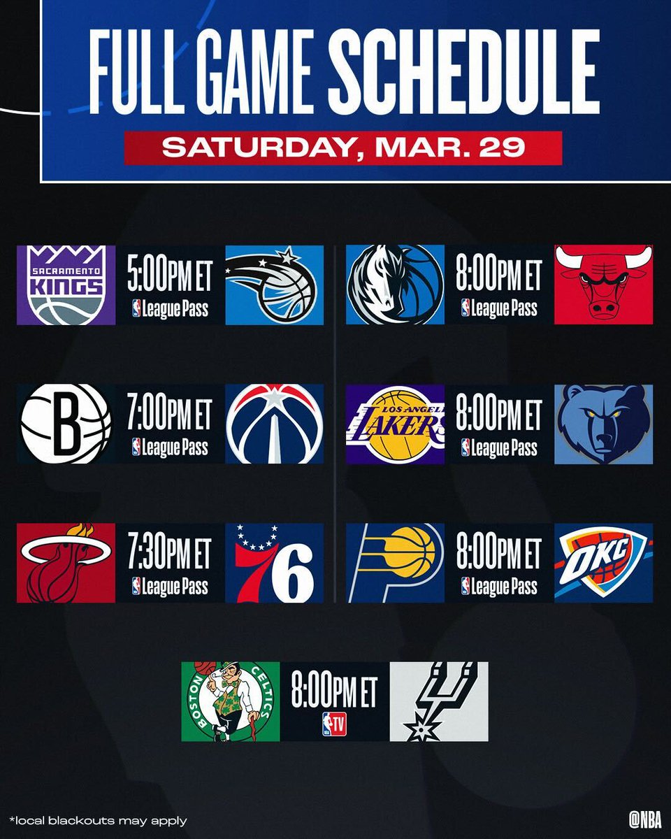 NBA's tweet photo. SATURDAY HOOPS STARTING AT 5PM/ET 💥

🏀 BOS seeks 8 straight, OKC seeks 9 straight
🏀 CHI back in action after Giddey's halfcourt winner
🏀 LAL (#4) vs MEM (#5) in potential postseason preview https://t.co/rIrjAWaal0