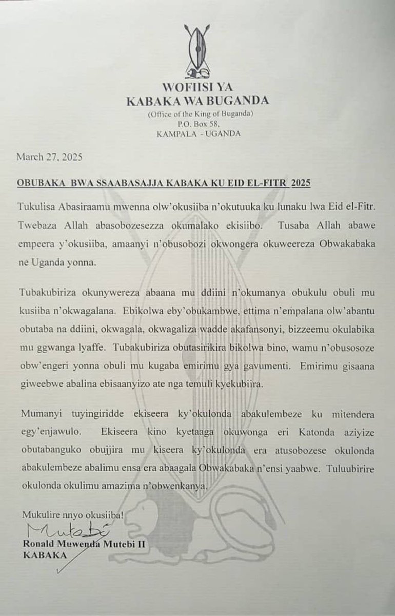 BANKOSA_KIU_WC's tweet image. Obubaka bwa Ssaabasajja Kabaka ku Eid El- Fitr 2025

#KabakaMutebiAt70