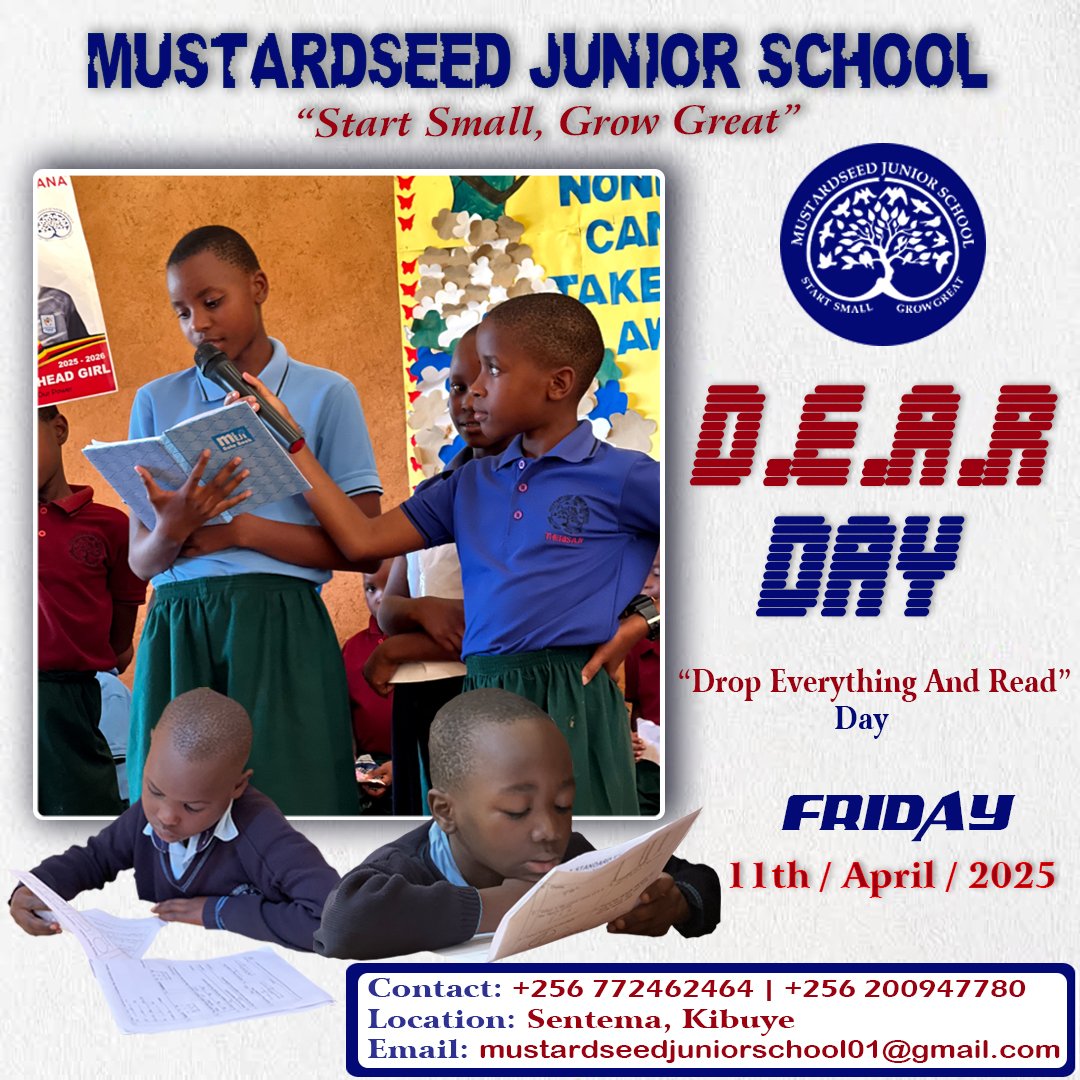 Mustardseed Junior School (@mustardseedjs) on Twitter photo D.E.A.R Day ...โโณ Loading ...
"Drop Everything And Read" Day
๐ซ๐จ๐ป๐ฌ; Friday, 11th/04/2025
๐ฝ๐ฌ๐ต๐ผ๐ฌ; <a href="/MustardseedJS/">Mustardseed Junior School</a>
For any inquiries,
Contactโ๏ธ: +256 772462464 | +256 200947780
Location: Sentema, Kibuye
"Start small, Grow Great"
#MJS | #GiftedEra D.E.A.R Day ...โโณ Loading ...
"Drop Everything And Read" Day
๐ซ๐จ๐ป๐ฌ; Friday, 11th/04/2025
๐ฝ๐ฌ๐ต๐ผ๐ฌ; <a href="/MustardseedJS/">Mustardseed Junior School</a>
For any inquiries,
Contactโ๏ธ: +256 772462464 | +256 200947780
Location: Sentema, Kibuye
"Start small, Grow Great"
#MJS | #GiftedEra