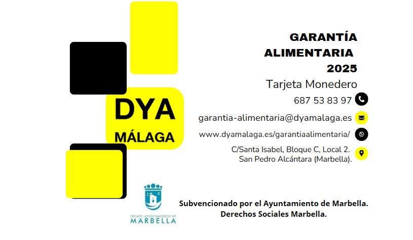 El proyecto de Garantía Alimentaria, tarjetas monedero, sigue activo y puede solicitarse. 

Para más información pueden meterse en nuestra página web: dyamalaga.es en el apartado de “Garantía alimentaria”