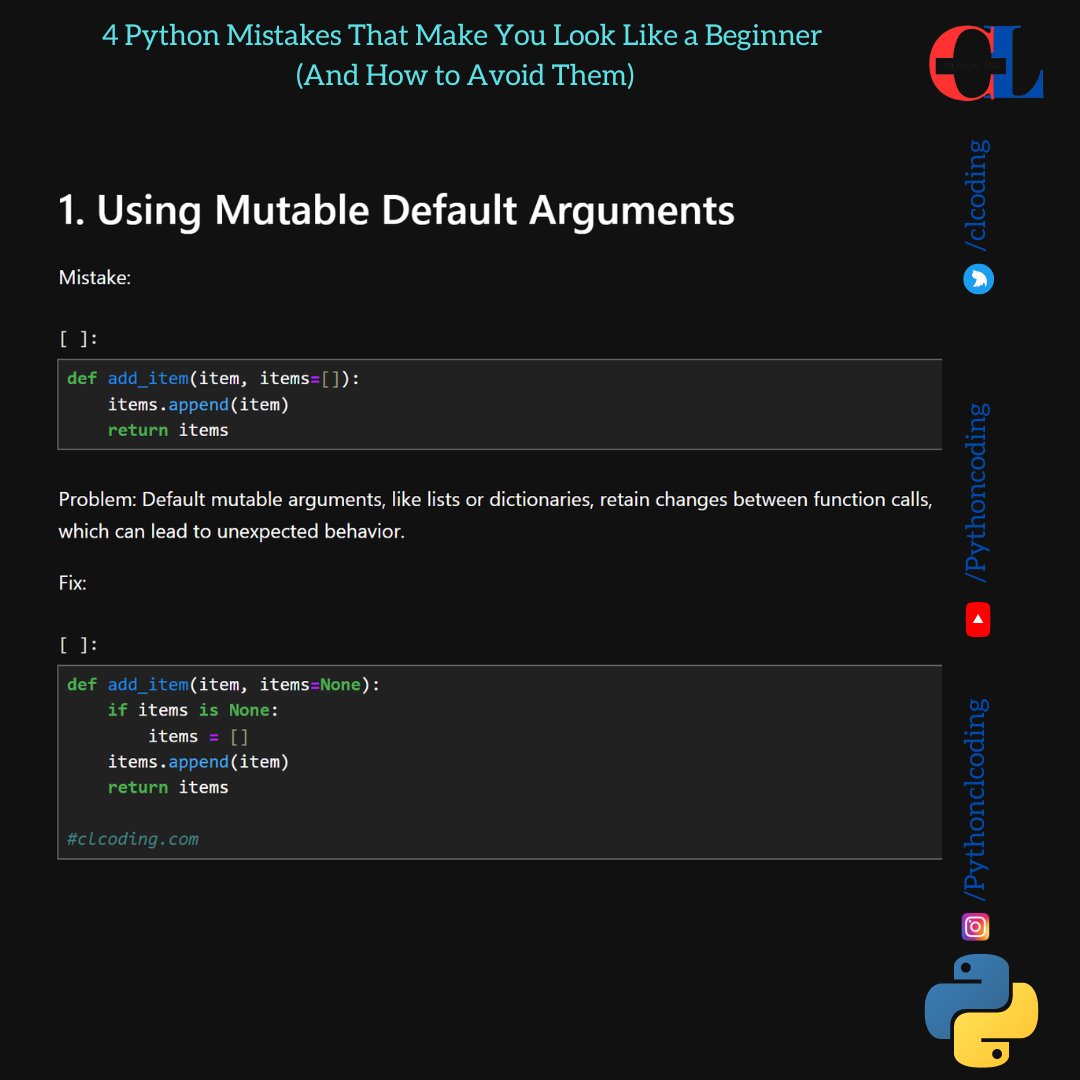 clcoding's tweet photo. 4 Python Mistakes That Make You Look Like a Beginner (And How to Avoid Them) https://t.co/FMCTAjY26P