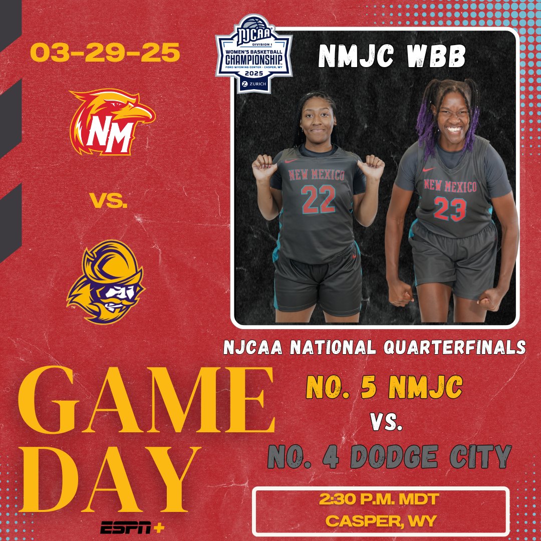 Let's run it back!

The No. 5 T-Birds face No. 4 Dodge City at 2:30 p.m. MDT in the NJCAA DI WBB Championship Quarterfinals for the right to go to the National Semifinal!

WATCH ➡️ espn.com/espnplus/

Listen ➡️ youtube.com/@tbirds65/stre…

Live Stats ➡️ nmjcthunderbirds.com/sports/wbkb/20…