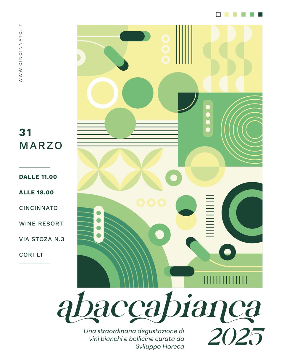 🍾 Torna #Abaccabianca2025!  
Degustazioni esclusive, produttori presenti, vini bianchi e bollicine d’eccellenza per professionisti HoReCa.  Evento co-organizzato da Cincinnato e Sviluppo HoReCa.
📅 31/03 | 📍Cincinnato Wine Resort, Cori  
🎟️ Ingresso gratuito, posti limitati.