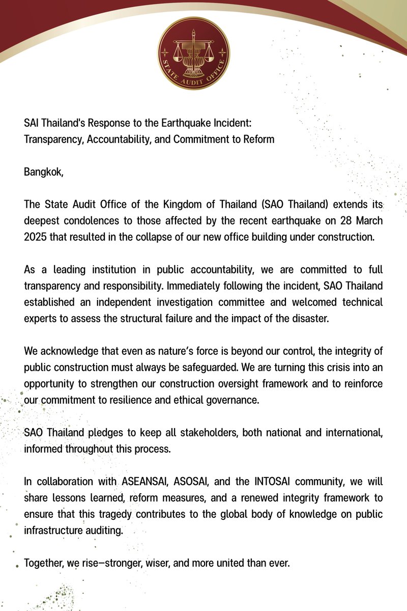 SAO Thailand responds to the 28 Mar 2025 earthquake with transparency &amp; accountability. An independent probe is underway, with a focus on reforming public construction oversight. Together with ASEANSAI &amp; INTOSAI, we rise stronger.
🔗 en.audit.go.th/sai-thailands-…