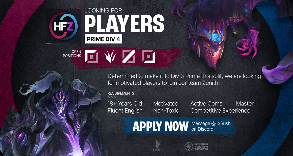 Hyper Fusion (@hyperfusionlol) on Twitter photo TRYOUTS OPEN! We are looking for Top, Jungle, Mid and ADC to join our team Zenith! #LeagueOfLegends <a href="/LFTDiscord/">LFT Discord - lol/val/rl</a> <a href="/LoL_LFT/">LoL Looking For Team 🇮🇹 🇪🇺</a> #Primeleague #LFT #LFP discord.gg/JJEVRXSfyC TRYOUTS OPEN! We are looking for Top, Jungle, Mid and ADC to join our team Zenith! #LeagueOfLegends <a href="/LFTDiscord/">LFT Discord - lol/val/rl</a> <a href="/LoL_LFT/">LoL Looking For Team 🇮🇹 🇪🇺</a> #Primeleague #LFT #LFP discord.gg/JJEVRXSfyC
