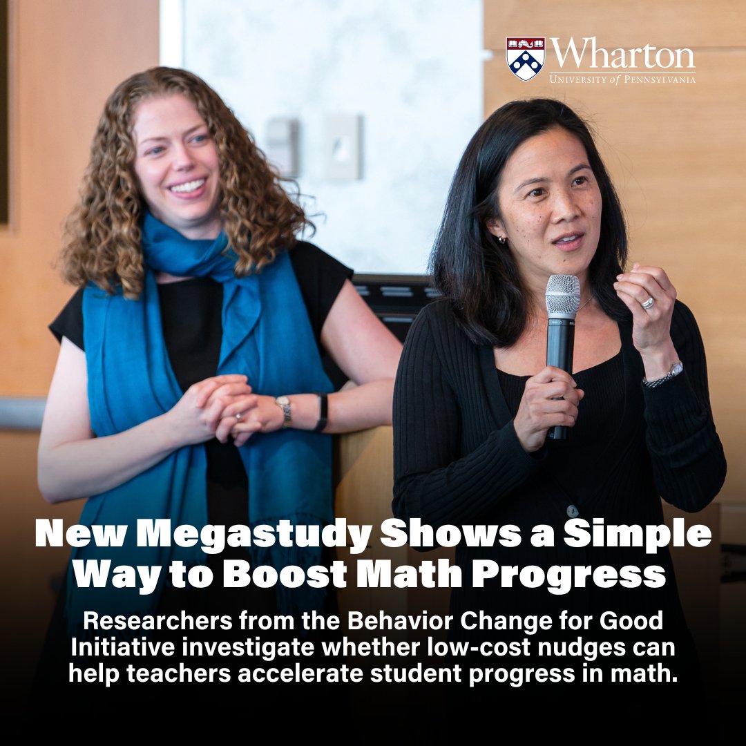 The Wharton School (@wharton) on Twitter photo A new megastudy led by Profs. @AngelaDuckw and @Katy_Milkman, Co-Directors of <a href="/BehaviorChange/">Behavior Change for Good Initiative</a>, examines whether low-cost nudges informed by behavioral science can help teachers accelerate student progress in math: whr.tn/3QUnJSb
The study is one of the largest of its A new megastudy led by Profs. @AngelaDuckw and @Katy_Milkman, Co-Directors of <a href="/BehaviorChange/">Behavior Change for Good Initiative</a>, examines whether low-cost nudges informed by behavioral science can help teachers accelerate student progress in math: whr.tn/3QUnJSb
The study is one of the largest of its