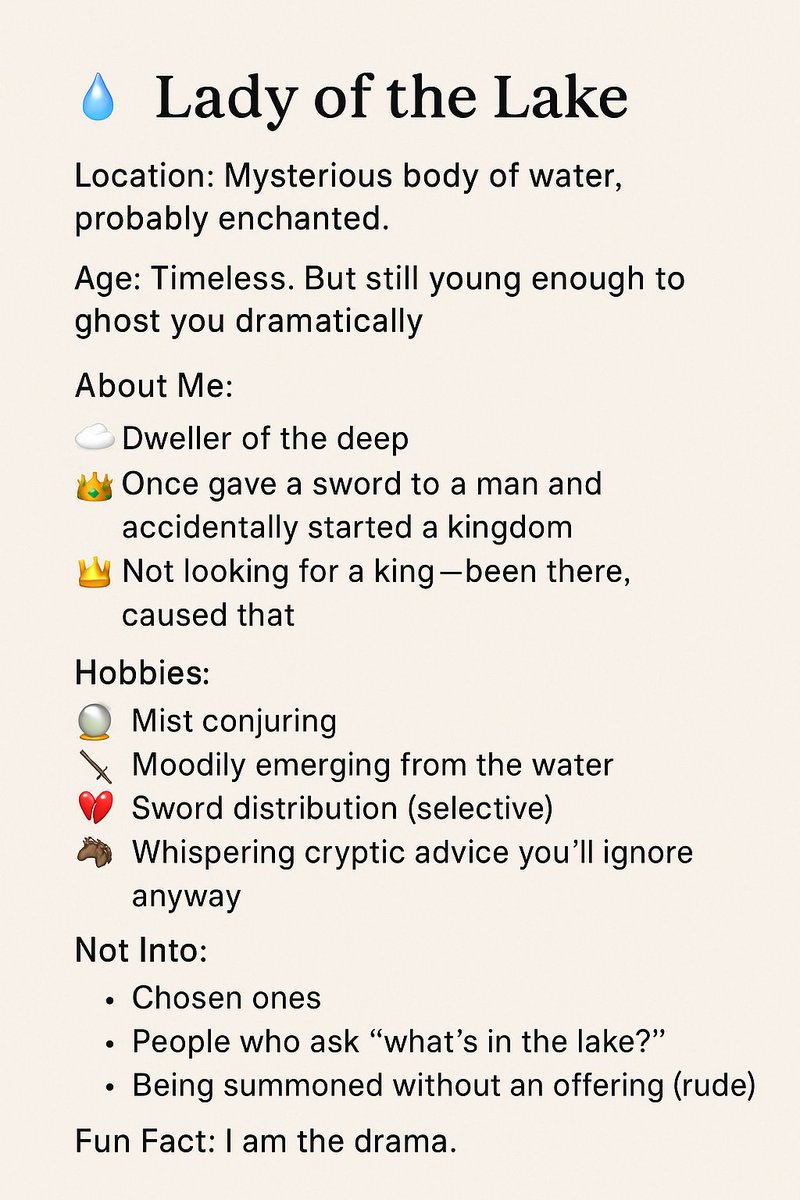 Julia_Crane_JC's tweet image. 💧 Behold: the Lady of the Lake’s dating profile.
#writingcommunity #fantasyhumor #authortwt #preorder #merlinites