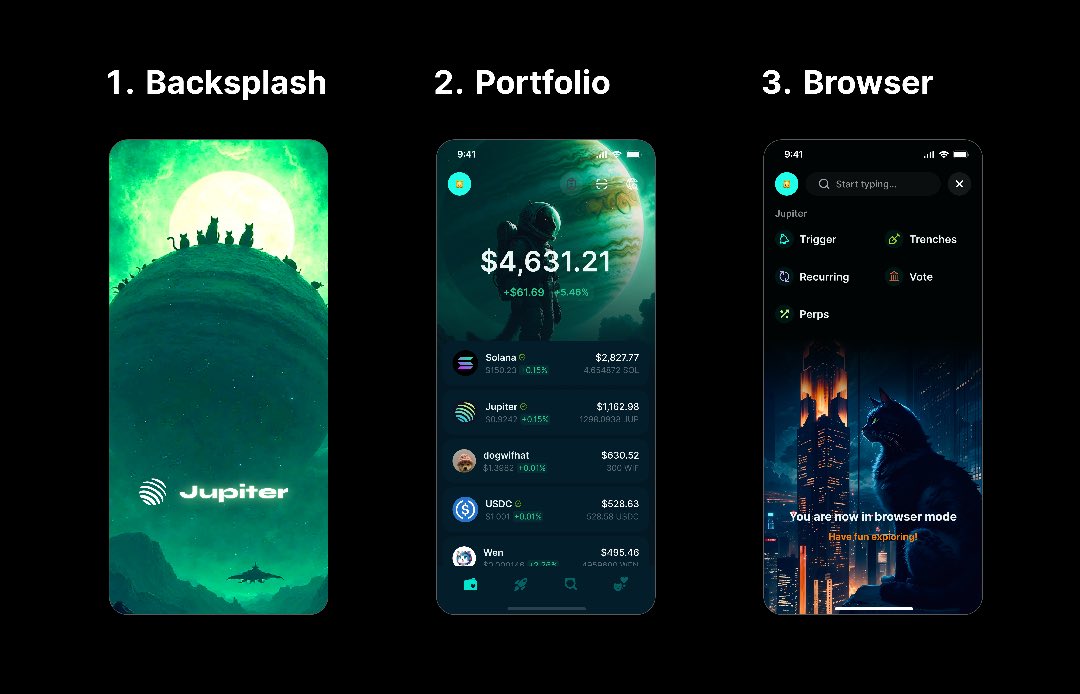 OlasunkanmiDc's tweet image. My submission for  @jup_mobile contest 🪐💚

1. Splash Screen – The Guardians of Jupiter

Majestic cats sit atop Jupiter, watching over the planet like cosmic guardians. Their presence symbolizes protection, intelligence, and the boundless potential of @JupiterExchange .
