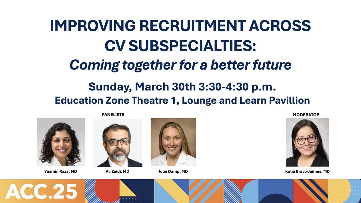 Katia Bravo, MD, FACC (@bravo__md) on Twitter photo Enjoying #ACC25?
Come join us in this #MedEd #panel discussing how to #improve #recruitment across #cv #subspecialties
<a href="/AliZaidiMD/">Ali N Zaidi, MD</a> <a href="/BoydDamp/">Julie Damp</a> & Yasmin Raza
<a href="/T_GuptaMD/">Tripti Gupta</a> <a href="/ggvela/">GladysMDHeart</a> <a href="/leighreardonmd/">Leigh Reardon</a> <a href="/AmiBhattMD/">Ami Bhatt, MD</a> <a href="/ddefariayeh/">Doreen DeFaria Yeh, MD</a> <a href="/vbluml/">Vanessa Blumer, MD, FACC</a> <a href="/MayoClinicCV/">Mayo Clinic CV</a> <a href="/AmitGoyalMD/">Amit Goyal MD MAS</a> <a href="/CardioNerds/">CardioNerds</a> <a href="/ABCardio1/">Association of Black Cardiologists</a> Enjoying #ACC25?
Come join us in this #MedEd #panel discussing how to #improve #recruitment across #cv #subspecialties
<a href="/AliZaidiMD/">Ali N Zaidi, MD</a> <a href="/BoydDamp/">Julie Damp</a> & Yasmin Raza
<a href="/T_GuptaMD/">Tripti Gupta</a> <a href="/ggvela/">GladysMDHeart</a> <a href="/leighreardonmd/">Leigh Reardon</a> <a href="/AmiBhattMD/">Ami Bhatt, MD</a> <a href="/ddefariayeh/">Doreen DeFaria Yeh, MD</a> <a href="/vbluml/">Vanessa Blumer, MD, FACC</a> <a href="/MayoClinicCV/">Mayo Clinic CV</a> <a href="/AmitGoyalMD/">Amit Goyal MD MAS</a> <a href="/CardioNerds/">CardioNerds</a> <a href="/ABCardio1/">Association of Black Cardiologists</a>