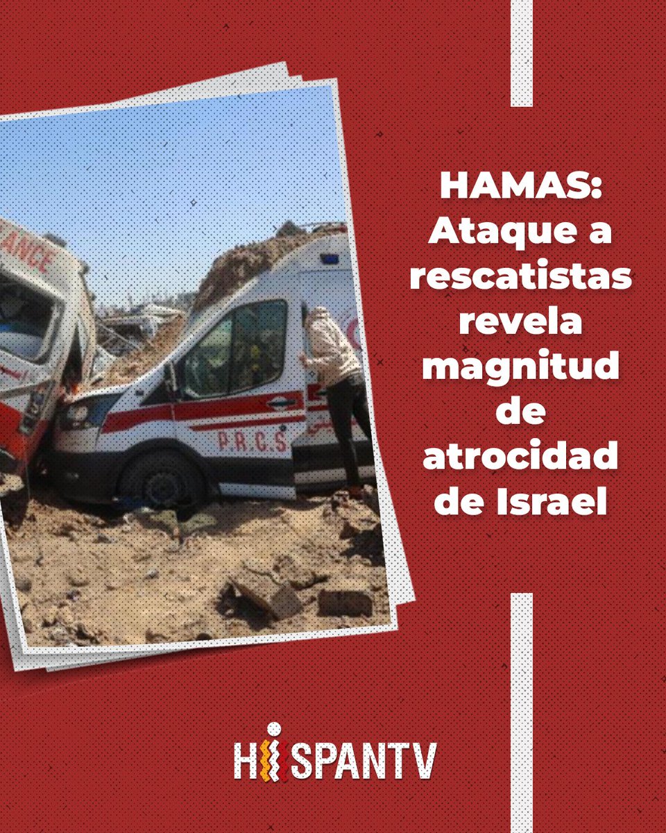 🚨 #HAMAS condena el ataque israelí a equipos de Defensa Civil y de la Media Luna Roja Palestina en Rafah, sur de #Gaza 🇵🇸, como un “crimen de guerra en toda regla”.

🔗MÁS DETALLES tinyurl.com/yp2htrw7

#GazaGenocide