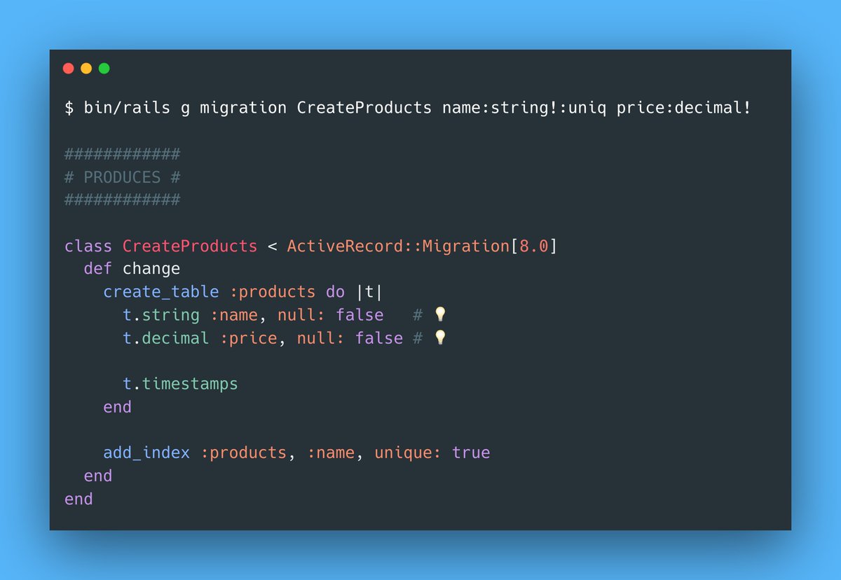 RubyCademy's tweet image. In Rails 8, adding a `!` to a type automatically makes the column non-nullable.

These small additions are what make Rails great! 💚

#rubyonrails #activerecord