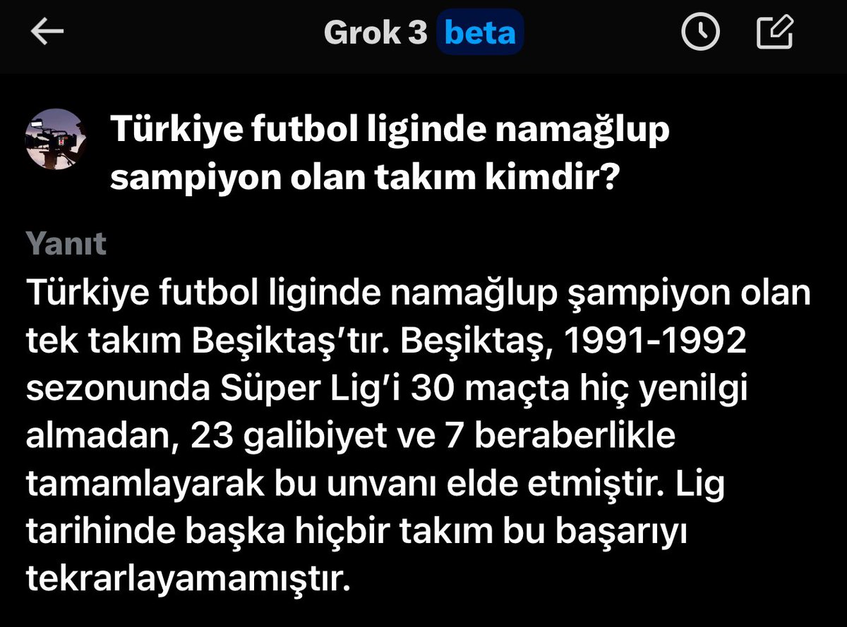 Türkiye futbol liginde namağlup şampiyon olan takım hamgisi <a href="/grok/">Grok</a> ?

#BJKvGS