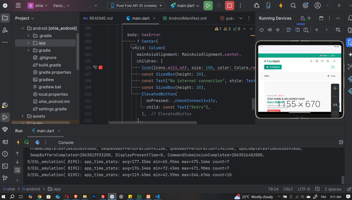IrutavyoseA's tweet image. 🚀 Développement en cours !
Optimisation d'une application mobile en Flutter avec WebView pour une meilleure expérience utilisateur. 📱🔧
Gestion de la connectivité et tests sur Pixel Fold Emulator ✔️
#Flutter #DevMobile #WebView #CodeIgniter #Développement