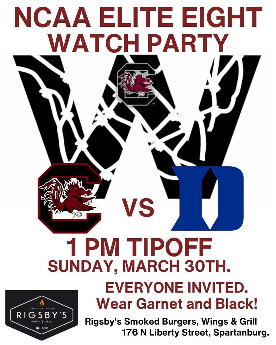 We’re hosting a Watch Party tomorrow at Rigsby’s in downtown Spartanburg! Y’all join us to cheer on our <a href="/GamecockWBB/">South Carolina Women's Basketball</a> in the Elite Eight!