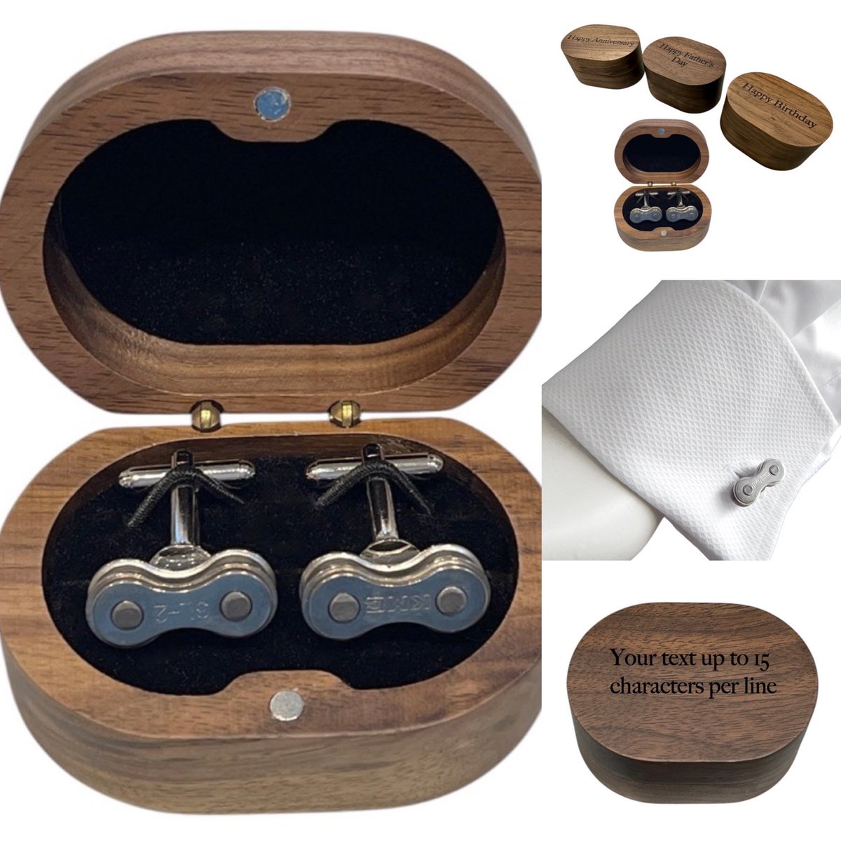 Our recycled bicycle chain cufflinks are now available in a walnut gift box with personalised text.

recycleandbicycle.co.uk/product/bike-b…