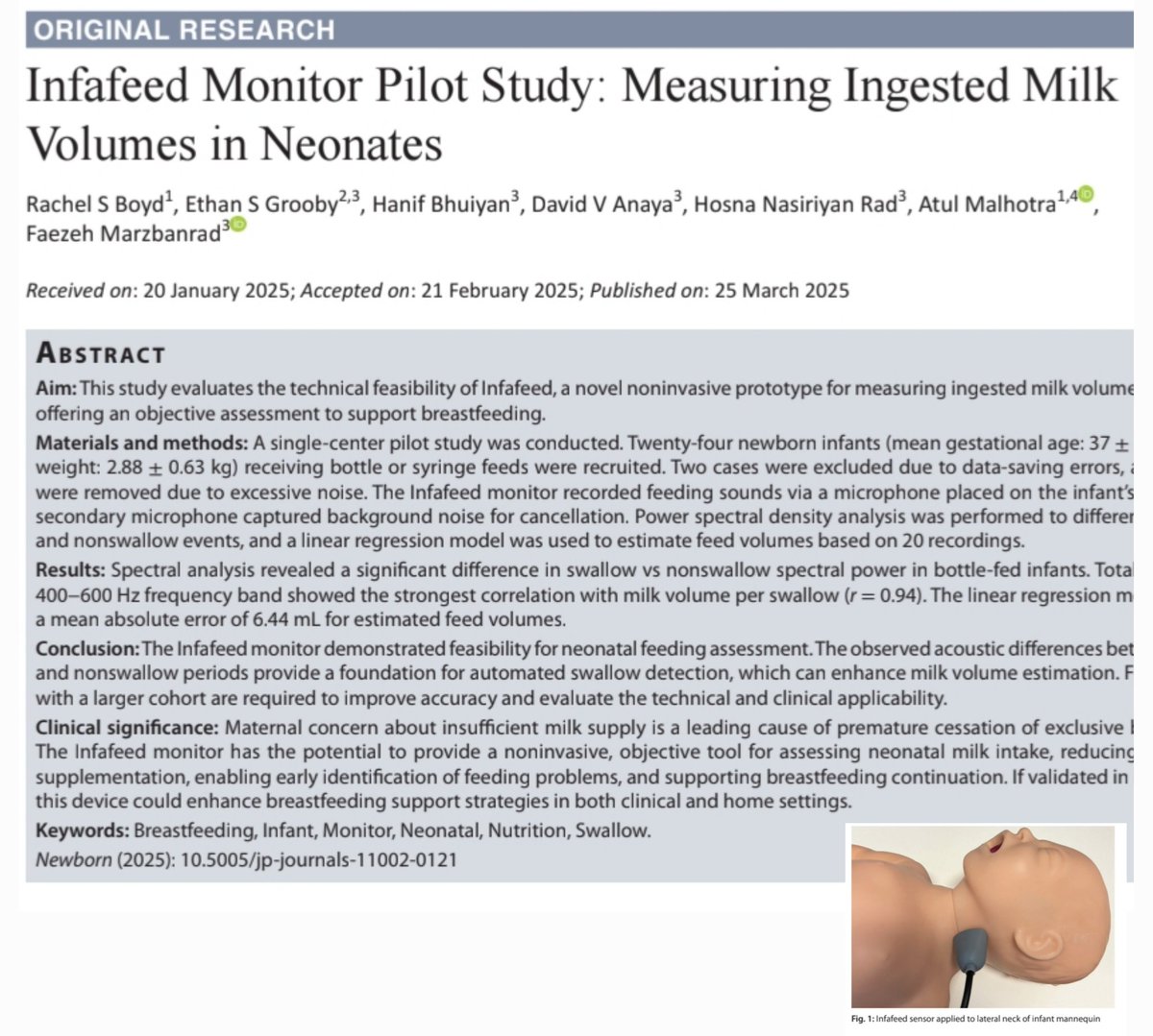 Atul Malhotra (@atul_monash) on Twitter photo Future of automated feed measurements in neonates ?
Read our new paper:
Infafeed Monitor Pilot Study: Measuring Ingested Milk Volumes in Neonates newbornjournal.org/abstractArticl…
<a href="/EBNEO/">Evidence-Based Neo</a> <a href="/ESPR_ESN/">European Society for Paediatric Research (ESPR)</a> <a href="/monashdigital/">Alliance for Digital health At Monash (ADAM)</a> <a href="/Faemrad/">Fae Marzbanrad</a> #neoEBM Future of automated feed measurements in neonates ?
Read our new paper:
Infafeed Monitor Pilot Study: Measuring Ingested Milk Volumes in Neonates newbornjournal.org/abstractArticl…
<a href="/EBNEO/">Evidence-Based Neo</a> <a href="/ESPR_ESN/">European Society for Paediatric Research (ESPR)</a> <a href="/monashdigital/">Alliance for Digital health At Monash (ADAM)</a> <a href="/Faemrad/">Fae Marzbanrad</a> #neoEBM