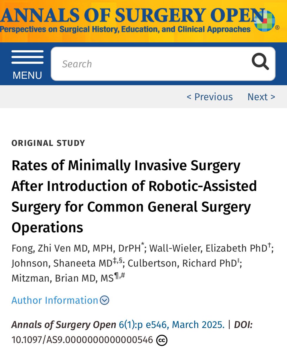 Zhi Ven Fong, MD MPH DrPH (@zhivenfongmd) on Twitter photo 1/As more 🏥s purchase 🤖s & more surgeons adopt robotic approaches to their cases, it begs the ❓:
Did 🤖 truly enable more open cases to be done MIS, or did it just replace laparoscopy but at ⬆️cost?
We tried answering this in this <a href="/AnnalsOpen/">Annals of Surgery Open</a>📝. A🧵:
journals.lww.com/aosopen/fullte… 1/As more 🏥s purchase 🤖s & more surgeons adopt robotic approaches to their cases, it begs the ❓:
Did 🤖 truly enable more open cases to be done MIS, or did it just replace laparoscopy but at ⬆️cost?
We tried answering this in this <a href="/AnnalsOpen/">Annals of Surgery Open</a>📝. A🧵:
journals.lww.com/aosopen/fullte…