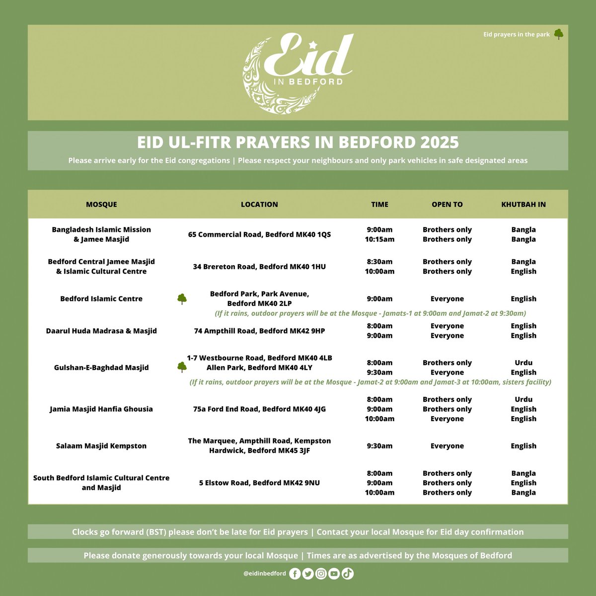Eid ul-Fitr 2025 prayer times in Bedford. May Allah accept everyone's worship during the month of Ramadan, Aameen. Eid Mubarak! 💚