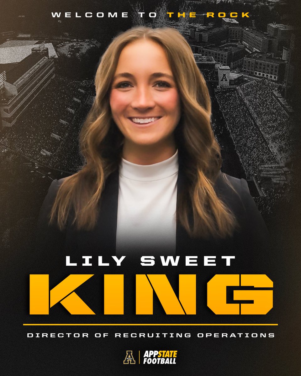 App State Football (@appstate_fb) on Twitter photo Welcome to our new Director of Recruiting Operations, <a href="/LilySweetKing/">Lily Sweet King</a>!
Lily Sweet has previously worked on staffs at Texas and Ole Miss, as well as the Houston Texans.
#GoApp Welcome to our new Director of Recruiting Operations, <a href="/LilySweetKing/">Lily Sweet King</a>!
Lily Sweet has previously worked on staffs at Texas and Ole Miss, as well as the Houston Texans.
#GoApp