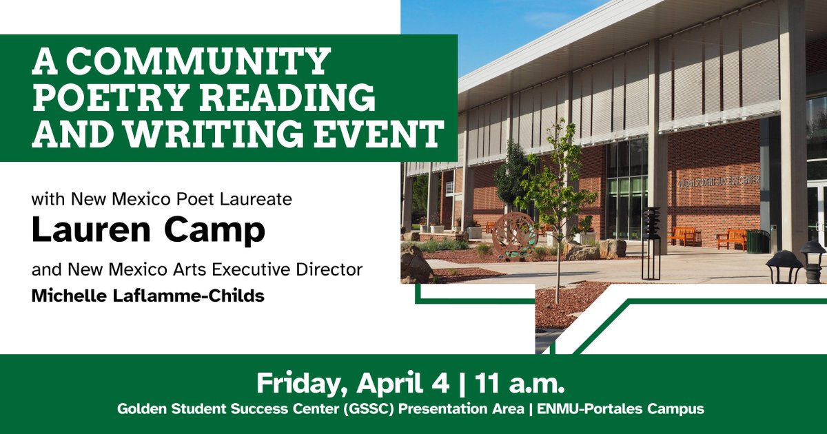 📢 Join us for a Community Poetry Event with NM Poet Laureate Lauren Camp! 🎤✍️

April 4, 2025 ⏰ 11 AM
📍 GSSC Presentation Area

Enjoy a poetry reading, open mic &amp; writing session where your words could become part of a statewide project!